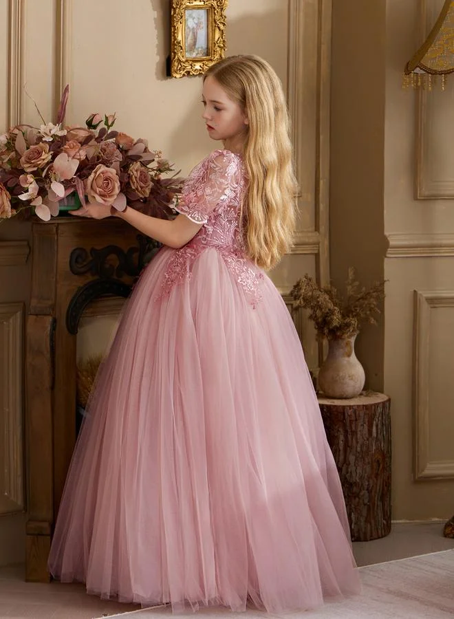 Take Two Girls Pink Floral Lace Puff Sleeve Maxi Dress